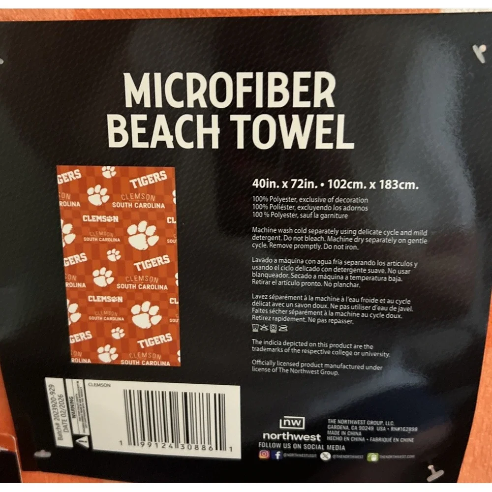 New Northwest NCAA Clemson Tigers Microfiber Beach Towel 40